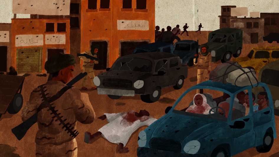 An artist’s depiction of an eyewitness’ description of the June 15 massacre in El Geneina. 