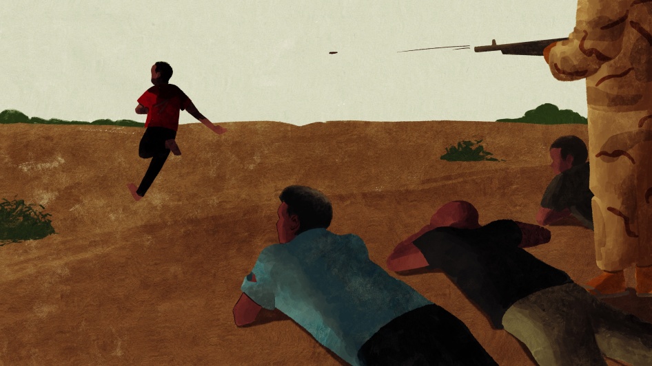 An illustration showing a boy running away from armed fighters pointing weapons at him